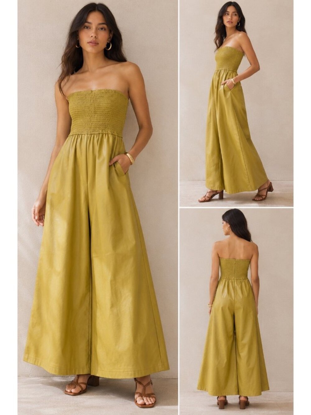 Anthropologie Maeve Faux Leather Strapless Jumpsuit XXSP Olive Green Wide LegNWT